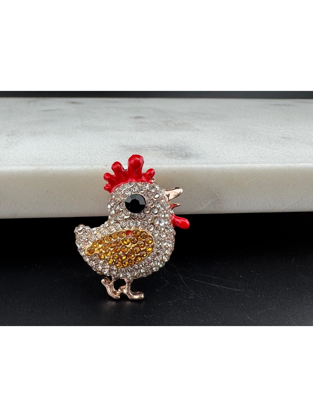 Chicken Shaped Rhinestone Brooch Pin with Red and Yellow